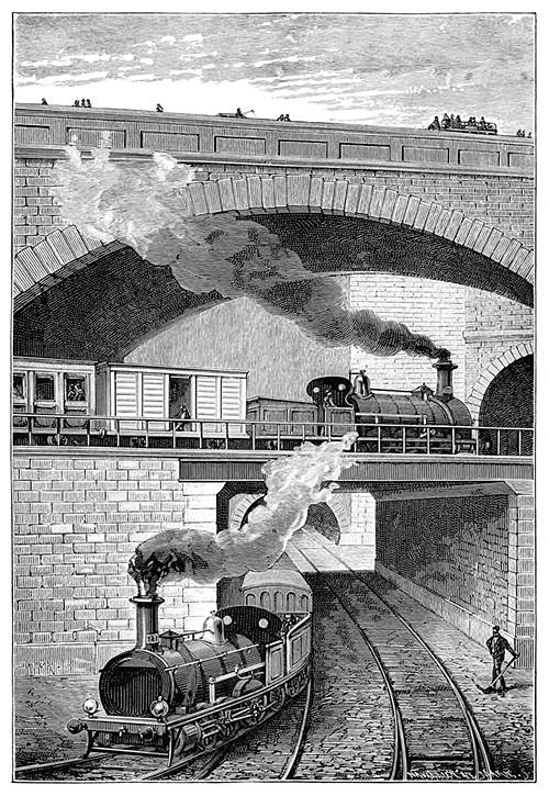 View of a train crossing another over a bridge on the Metropolitan Railway near Clerkenwell Tunnel