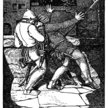 A man leaps on a sentinel from behind and overcomes him by covering his face with a cloth