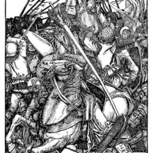 In a medieval battle a knight on horseback hits a fallen one in the shoulder with his lance