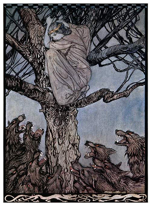 A distressed woman has found refuge in a tree from a horde of wolves snarling below her