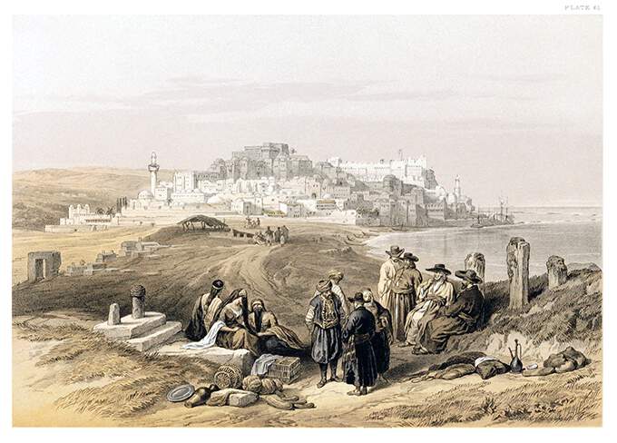 General view of Jaffa with the Mediterranean on the right and people resting in the foreground