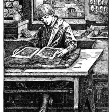 A boy is sitting at a table reading an illuminated manuscript with his back to a window