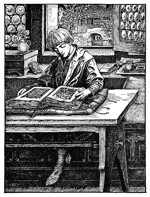 A boy is sitting at a table reading an illuminated manuscript with his back to a window