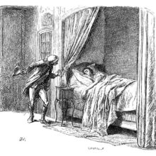 A man in eighteenth-century uniform tip-toes to a bed in which a woman lies sleeping
