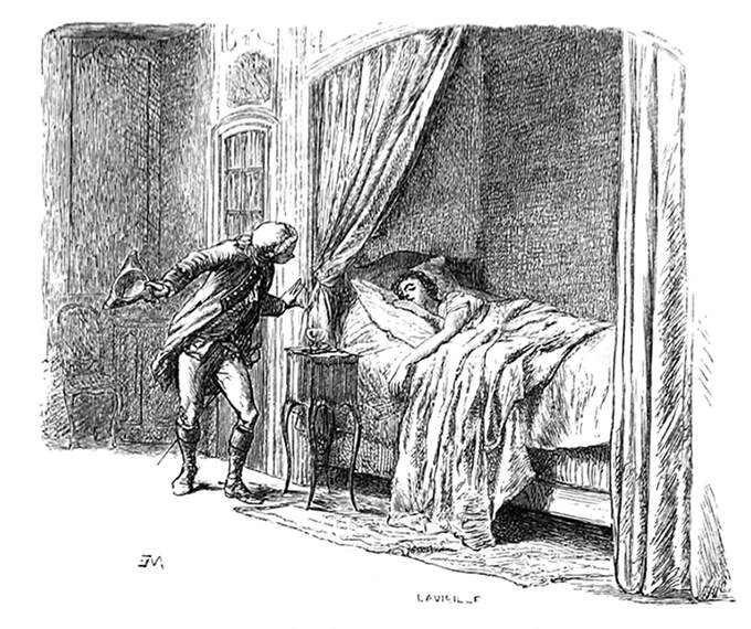 A man in eighteenth-century uniform tip-toes to a bed in which a woman lies sleeping