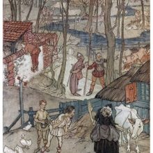 A woman with an eye-patch stands in a courtyard and gestures to a man sheepishly pleading to her