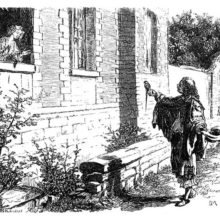 A man stands outside a woman's window, holding out a parrot sitting on his hand as she leans out