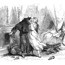 A man in a clerical robe embraces and kisses a woman fresh out of her bed