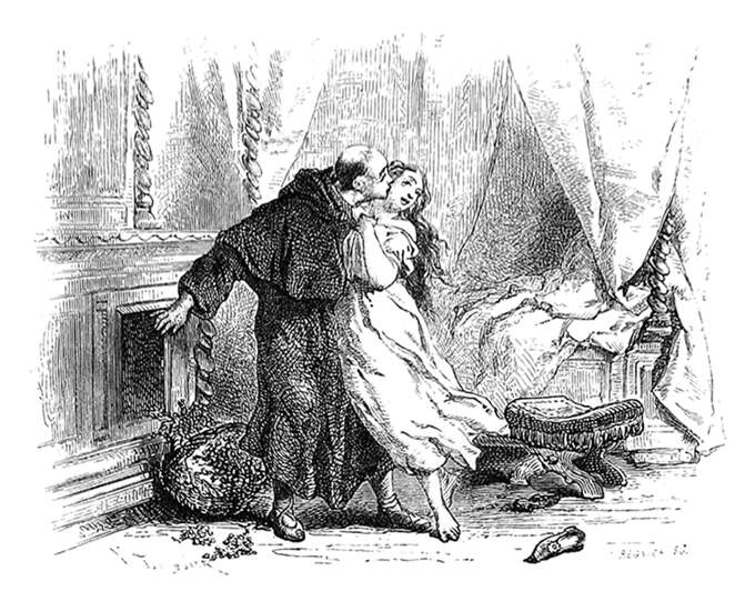 A man in a clerical robe embraces and kisses a woman fresh out of her bed