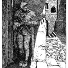 A man with a crossbow hides in wait in the shadow of a doorway