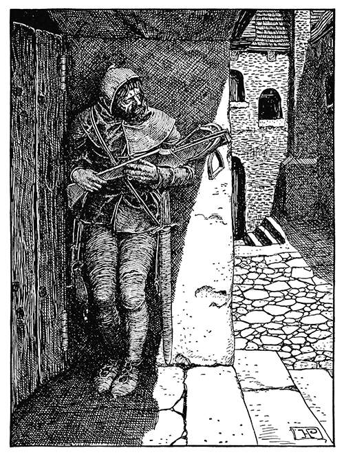 A man with a crossbow hides in wait in the shadow of a doorway