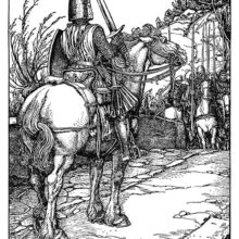 A knight on horseback holds a two-handed sword while facing a group of horsemen armed with spears
