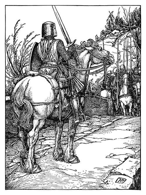 A knight on horseback holds a two-handed sword while facing a group of horsemen armed with spears