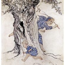 A boy runs around a tree with a thorny stick to escape a woman chasing him with a similar implement