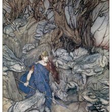 A man armed with a spear and a shield walks along a rocky path lined with enormous batrachians