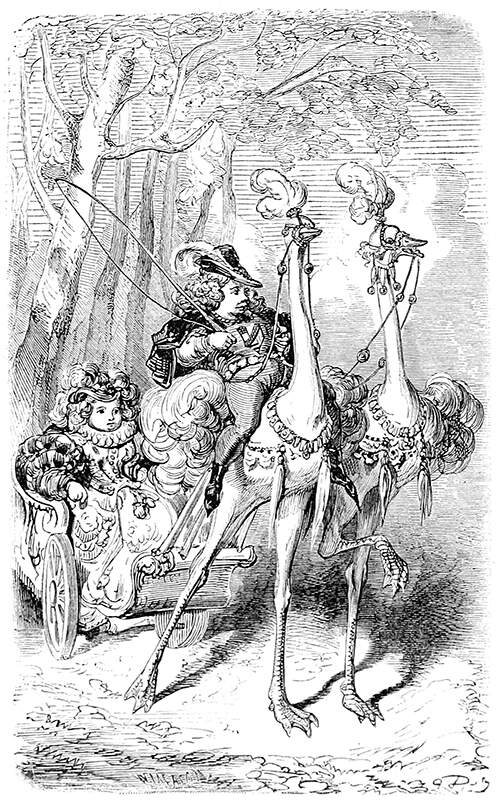 A young boy rides one of two ostriches pulling a carriage in which a little girl is sitting