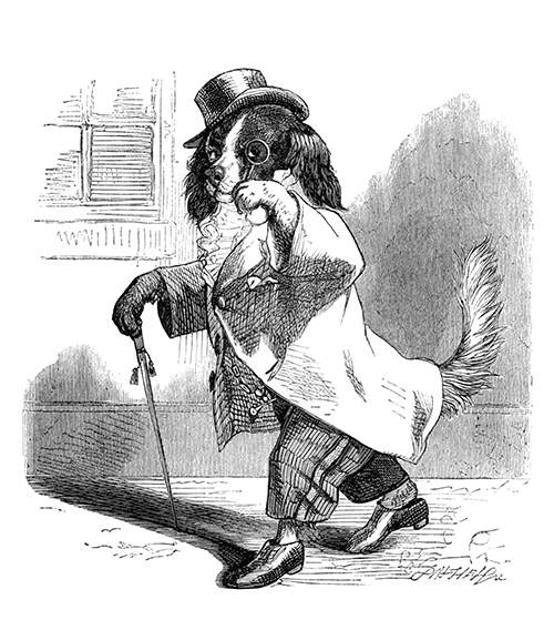 A dog is walking down the street in gentleman's clothes, looking at the viewer through his monocle