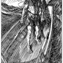 A long-bearded man stands defiantly at the stern of a small boat caught in a storm