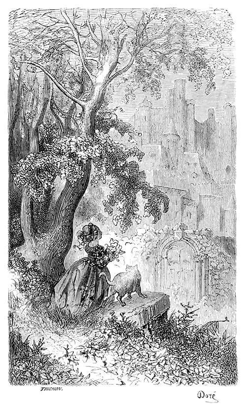 A little girl with a cat at her side at some distance of the entrance of a towering castle