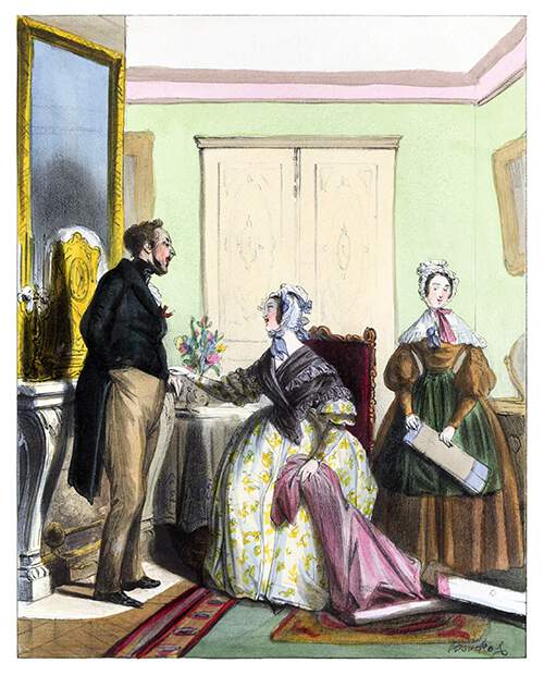 A woman is sitting, a sample of fabric in one hand while tenderly touching her husband's
