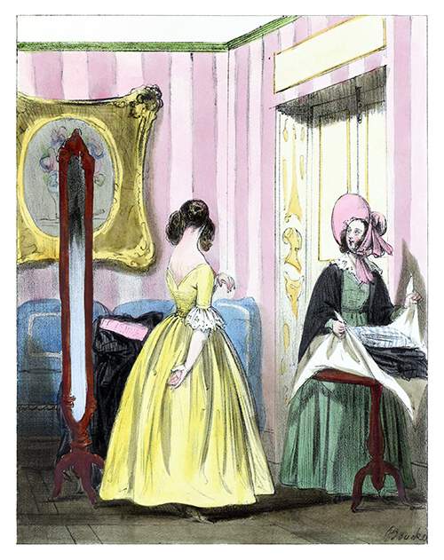 A woman in a new dress looks at herself in a mirror as the saleswoman wraps up unwanted items