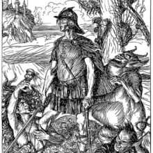 A man stands in front of a tree in which a skeleton has climbed to threaten him with a spear