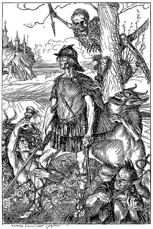 A man stands in front of a tree in which a skeleton has climbed to threaten him with a spear