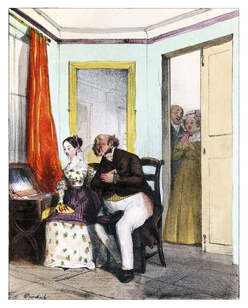 A soppy middle-aged man woos a girl as her parents watch the scene from behind a door