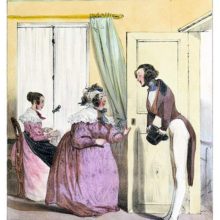 A young man stands on a doorstep as a stout, middle-aged woman opens the door to let him in