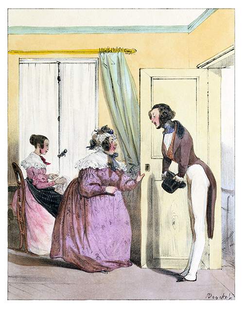 A young man stands on a doorstep as a stout, middle-aged woman opens the door to let him in
