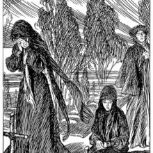 A woman stands before a tomb, covering her face in grief in the company of two others