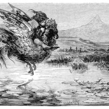 A boy rides a flying rooster over a broad river landscape with bulrushes and water lilies