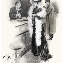 A woman wearing a feather boa stands before a display case at a jeweler's, examining a necklace