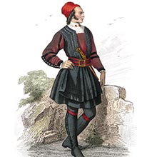 A man in traditional dress looks out in the distance, a gilded knife tucked under his belt