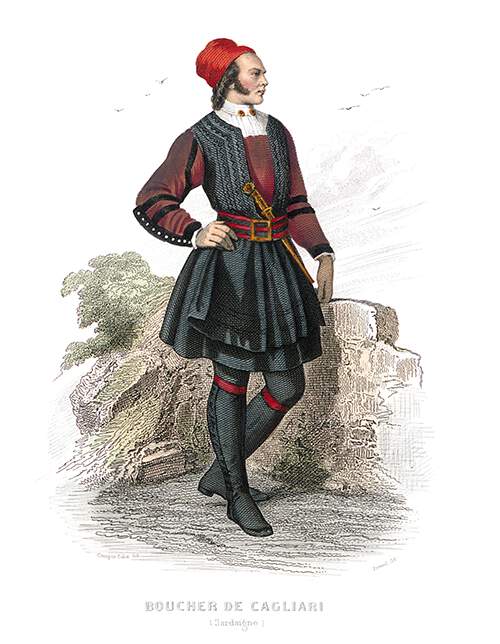 A man in traditional dress looks out in the distance, a gilded knife tucked under his belt