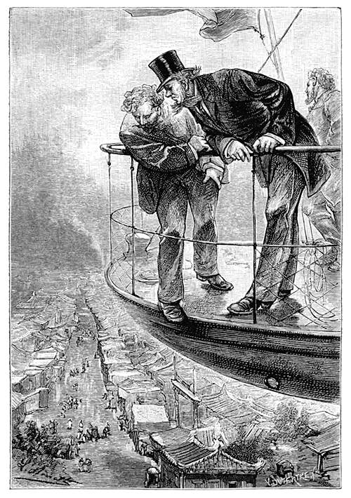 Two men standing on the deck of an aircraft lean over the railing to look at the city below them