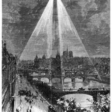 An aircraft flying in the Paris sky shines two light beams on the Seine and the right bank
