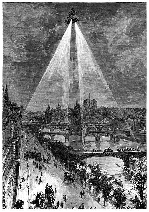 An aircraft flying in the Paris sky shines two light beams on the Seine and the right bank