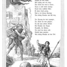 Siegfried carries King Gunther with him as he takes a leap while Brunhilde concedes defeat