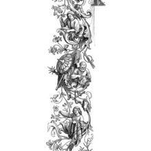 Three busy figures can be seen from the waist up embedded in a vertical scroll ornament