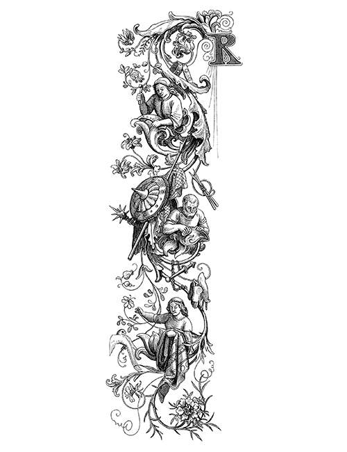 Three busy figures can be seen from the waist up embedded in a vertical scroll ornament