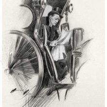 A man in a top hat is sitting in a cab reading a newspaper with a worried expression