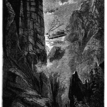 An aircraft shaped like a sailship comes flying between the rocky walls of towering mountains