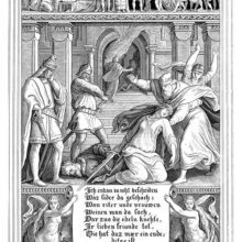 Hagen and Kriemhild lie dead in a palace hall as the people around lament their deaths