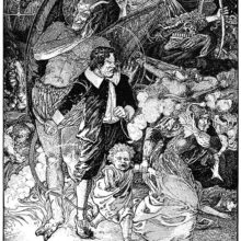 An angry man threatens a woman and her child with a knife as the Devil whispers behind him