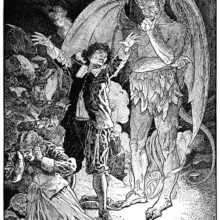 A man stands gesturing histrionically as the Devil pensively looks down at him from behind