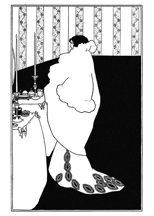 A woman in a roomy coat stands in front of a dressing table on which two candlesticks are standing