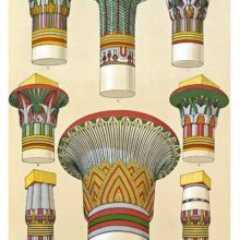 Color plate showing a variety of ancient Egyptian capitals with painted ornaments