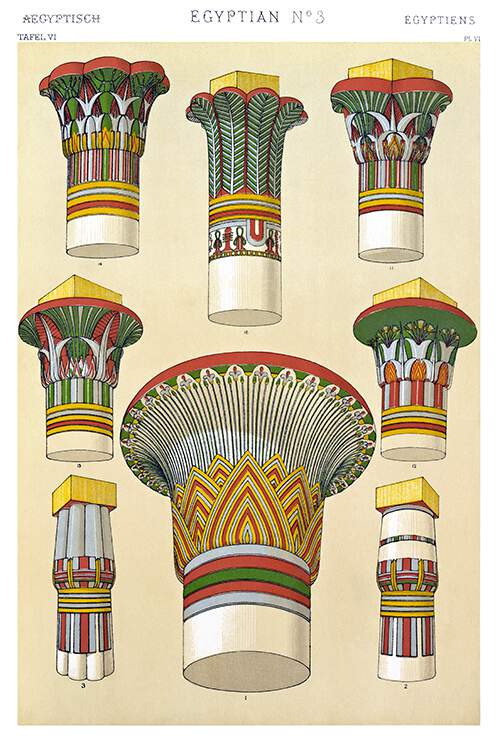Color plate showing a variety of ancient Egyptian capitals with painted ornaments