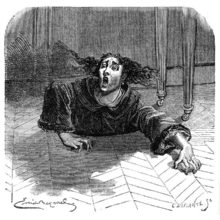 A woman is looking terrified as she tries to crawl out of a hole from which her upper body emerges